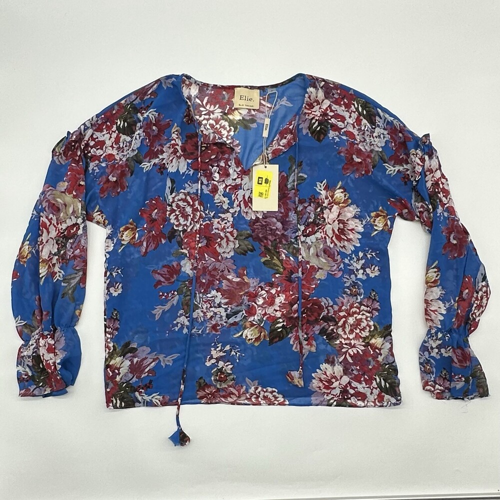 Elie Tahari Size Small Spring Blossom Print Sheer Chiffon Long Sleeve Blouse NWT